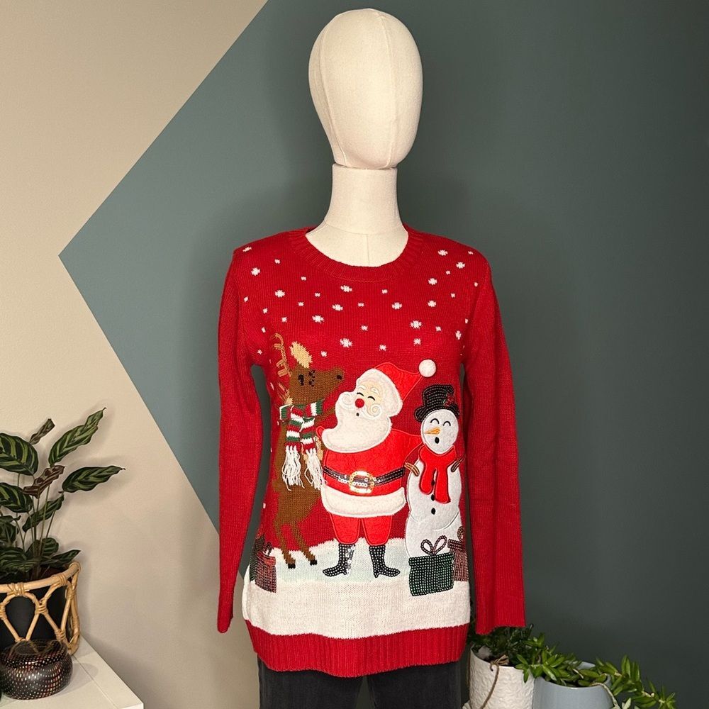 Karen Scott Ugly Christmas Embellished Santa Reindeer Snowman Holiday Sweater SP